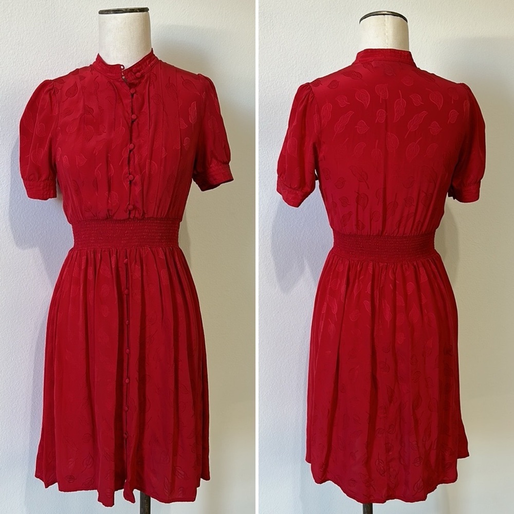 Anthropologie Maple 100% Silk Vintage Style Crimson Red Leaf Print Dress - 2 - Picture 2 of 9